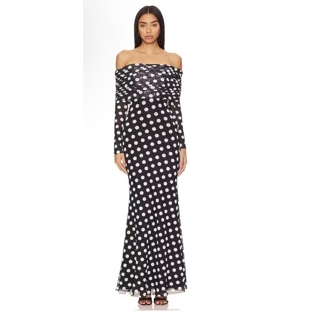 Anthropologie AFRM Violetta Mesh Dress Maxi Polka Dots Black Size Medium